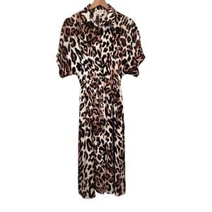 NEW BiBi Leopard Print Maxi Dress Sz S Button Front Pleated Waist Animal Print